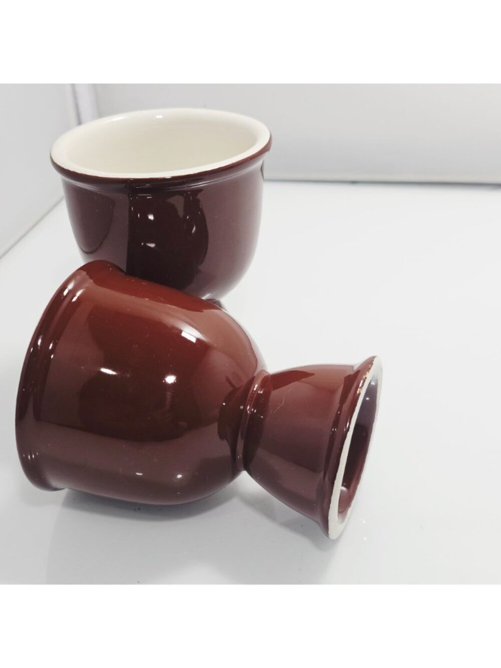 2 Vintage Brown Ceramic Egg Cups 4" glazed dual end cup versatile use farmhouse - Picture 3 of 9